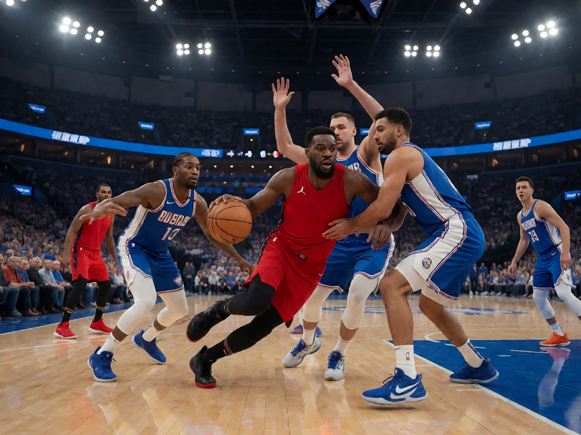 NBA比赛现场球员激烈对抗，运球突破瞬间，球馆灯光聚焦在球场中央